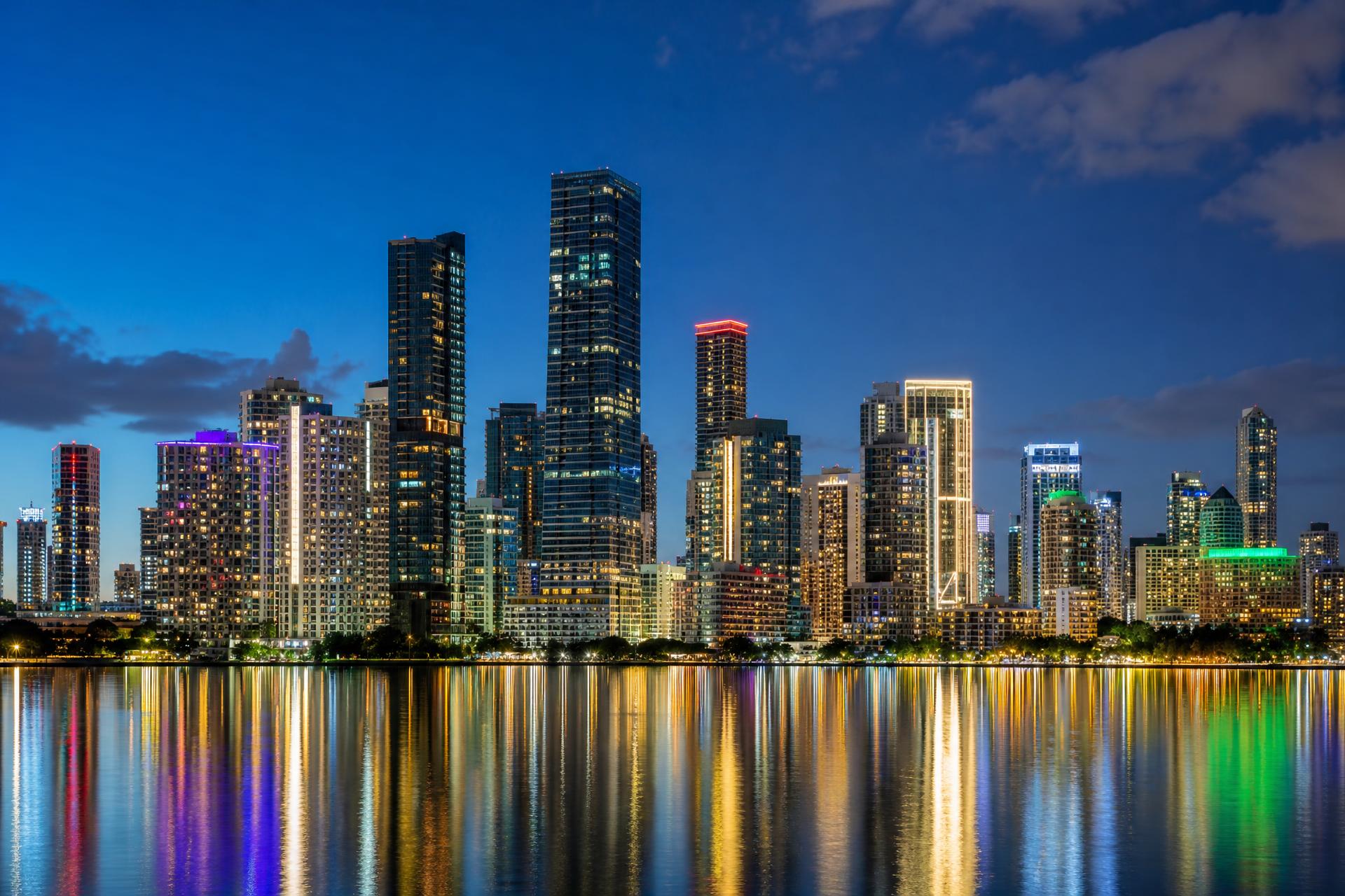 Miami skyline at dusk seen across Biscayne Bay